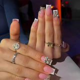 Popxstar 24Pcs Pure White French Press on Nails Long Square Head False Nails with Pearl Pink Bow Design Ballet Wearable Fake Nails