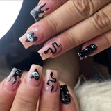 Popxstar 24Pcs Black French False Nails Long Ballet False Nail Wearable Simple Coffin Fake Nails with Rhinestone Press on Nail Tips