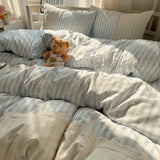 popxstar Striped Princess Bedding Set INS Nordic Girls Soft Washed Cotton Bed Flat Sheet Twin Queen Size Duvet Set Pillowcase Bed Linens