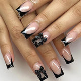 Popxstar  24Pcs French Fake Nail with Pink Bow Short Strawberry Pattern Press on Nails Full Cover False Nails Wearable Square Nail Tips