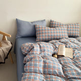 Plaid printing skin-friendly and comfortable double-layer yarn small fresh printing four-piece set, dormitory