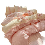 3/4Pcs Bedding Set French Princess Lace Sweet And Creamy Style Cotton Duvet Cover Pink Twice Bed Linen With Ruffles Pillowcase