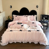 Popxstar Romantic Lace Princess Black Bow Bedding Set Pink Korean Style Duvet/Comforter Cover Set Bed Sheet/Fitted Sheet Pillowcases 4Pcs