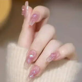 Popxstar 24Pcs Three-dimensional Love Heart False Nails with French Design Long Coffin Wearable Fake Nails Rhinestone Press on Nails Tips