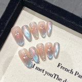 Popxstar 10Pcs Reuse Finished Fake Nails with Butterfly Deisgn Pink Cat's Eye French Handmade Press on False Nails Wearable Nail Art Tips