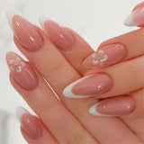 Popxstar  24Pcs Nude Pink Color Press On Nails Almond White French Tip Fake Nails Fairy Flower Printed Sweet Girls DIY Manicure Nails Art
