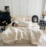 Popxstar  Rose Embossing Quilted Duvet Cover Set Vintage Lace Ruffles Pure Cotton Bedding Set Bed Sheet/Bed Skirt/Fitted Sheet Pillowcases