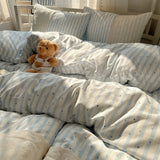 popxstar Striped Princess Bedding Set INS Nordic Girls Soft Washed Cotton Bed Flat Sheet Twin Queen Size Duvet Set Pillowcase Bed Linens