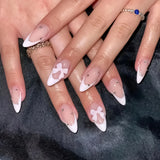 popxstar Pink French Style Fake Nails Almond Ballerina Press on Nails 3D Bowknot Designs Nude Color Stick-on False Nails Tips 24Pcs