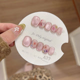 10pcs Pink Flowers Press on Nails Short Square Fake Nails Press Ons Shiny Cat Eye Gentle False Nails Sweet French Pearl Nail Art