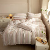 Popxstar  Striped Duvet Cover Set Queen 100% Washed Cotton Bedding Set, Luxury Soft Pink Vertical Ticking Stripes Comforter Cover, (3pcs)