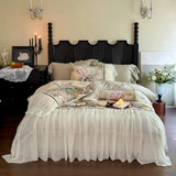 Popxstar  600TC Egyptian Cotton Thickened Brushed Rose Print Lace Ruffles Bedding Set Duvet Cover Flat/Fitted Bed Sheet Pillowcases 4Pcs