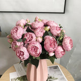 Popxstar 30cm Rose Pink Silk Bouquet Peony Artificial Flowers 5 Big Heads 4 Small Bud Bride Wedding Home Decoration Fake Flowers Faux