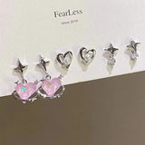 Popxstar 6pcs/set Women Silver Color Y2K Pink Crystal Heart Stud Earring Korean Trendy Punk Sweet Cool Bow Star Earring Aesthetic Jewelry