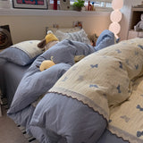 3/4Pcs Bedding Set Korean Lace Trim Purple 2-Seater Bed Down Duvet Cover Queen Sheets Bed Linen Cotton Full-Size Four-Season