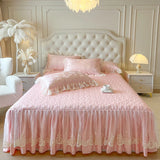 Popxstar  4/6Pcs Pink Butterfly Jacquard Three-layer Lace Ruffles Princess Wedding Bedding Set Duvet Cover Bed Skirt Bedspread Pillowcases