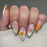 Popxstar 24Pcs Pink Almond False Nails Butterfly Ballet with French Design Wearable Fake Nails Simple Artificial Press on Nails Tips Art