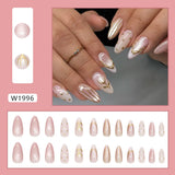 Popxstar 24pcs White Flower Fake Nail Tips Ins Yellow Pink Blush False Nails Wearable Full Cover European Almond Shaped Press on Nails