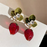 Popxstar Delicate Red Strawberry Flower Drop Earrings for Women 3D Simulated Fruit Green Leaves Earrings Girls Jewelry Accessories