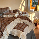Popxstar  Vintage Plaid Flowers Lace Ruffles Bedding Set 100% Cotton Double Layer Yarn Duvet Cover Flat/Fitted Bed Sheet Pillowcases 4Pcs