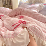 Korean Style Bedding Sets Pink Grid Bow Quilt Cover Romantic Bed Sheet Sets Woman Girls Bedroom Duvet Cover 4pcs