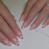 Popxstar  Nude Pink Almond Fake Nails Women Simple Charm Manicure Full Cover Press on Nails Bowknot Printed Detachable False Nails 24Pcs