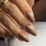 Popxstar 24Pcs Solid Color Grey Almond Fake Nail Cat's Eye Design Wearable Round Head False Nails with Shiny Powder Press on Nails