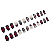 Popxstar  Red/Black Fake Nails 24Pcs Halloween Nails Press On Short Square French False Nails Patches Alloy Spider Designs for Party