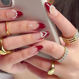 popxstar Long Ballet Press on Nails Red Rose Flower Designed Full Cover Fake Nails French Style Wearable False Nails Tips for Women