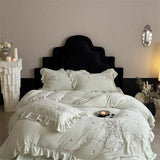 Popxstar  lily of the valley Embroidery Ruffles Princess Bedding Set Velvet Warm Winter Duvet Cover Flat/Fitted Bed Sheet Pillowcases 4Pcs