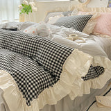 Popxstar Korean Princess Style Bedding Set Soft Skin-friendly Lattice Lace Ruffles Quilt Cover Plaid Style Duvet Covers Set Pillowcases