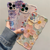 Retro Oil Painting Phone Case For IPhone 16 15 14 13 12 11 Pro Max Luxury Laser Oil Painting Flowers Print Shockproof Cover