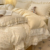 Popxstar  4Pcs Vintage French Fresh Floral Lace Ruffles 100% Cotton Bedding Set Duvet Cover Bed Skirt/Bed Sheet/Fitted Sheet Pillowcases
