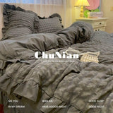 popxstar INS Girl Blue Bedding Sets Solid Color Seersucker Ruffles Lace  Kawaii Soft Sheet Woman Duvet Cover Pillow Covers Quilt Cover