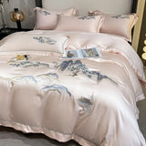 Popxstar  4Pcs New Chinese Style Landscape Embroidery Luxury Bedding Set Silky Duvet Cover Set Soft Quilt Cover Set Bed Sheet Pillowcases