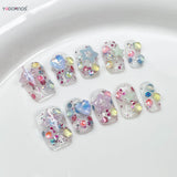 Popxstar  Summer Fake Nails Clear Handmade Press on Nails 3D Colorful Sequins Star Designs False Nails Tips Short Charms Manicure 10Pcs