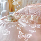 Popxstar  4/6Pcs Pink Butterfly Jacquard Three-layer Lace Ruffles Princess Wedding Bedding Set Duvet Cover Bed Skirt Bedspread Pillowcases