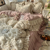 Popxstar 3/4Pcs Korean Princess Style Floral Ruffles Bedding Set Skin-friendly Soft Duvet Cover Set Bed Sheet Or Bed Skirt Pillowcases