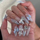 Popxstar 24pcs Sweet False Nail Patches Detachable Fake Nail Tips With Bowknots Love Heart Pearl Design Pink Almond Korean Press On Nail
