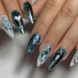 Popxstar 24pcs Long Stiletto Press on Nails Hot Girl Almond False Nails Nude Flower Rhinestones Full Cover Fake Nail Finished Manicure