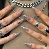 Popxstar 24pcs Silver Almond False Nails Oval Decorated Cloud Milk Wearable Fake Nails Short Press On Nail Coffin Detachable French Tips