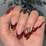 Popxstar  24pcs Bow Pattern Fake Nails Set Glitter Red French Long Almond False Nail Tip with Leopard Print Design Press on Nails Finished