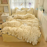 Popxstar  New cream lace girl powder grid Korean version bed four-piece set washed cotton double-layer yarn quilt cover dormitory