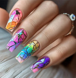 Popxstar  24pcs Strawberry Pink Duck False Nails Tip Summer Day Long Almond Press on Nails Art with Ocean French Design Fake Nail Finished