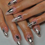 popxstar French White Tips Almond False Nails Y2K Black Star Designs Charm Fake Nail Full Cover Ballet Press on Nails Artificial Manicure