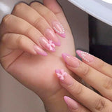 popxstar Pink French Style Fake Nails Almond Ballerina Press on Nails 3D Bowknot Designs Nude Color Stick-on False Nails Tips 24Pcs