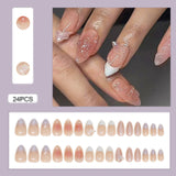 Popxstar 24pcs White Flower Fake Nail Tips Ins Yellow Pink Blush False Nails Wearable Full Cover European Almond Shaped Press on Nails