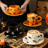 Popxstar  Creative Halloween Ceramic Mug Disc Set Household Kitchen Coffee Cup Plates Pumpkin Bat Milk Oat Breakfast Cup Set Festival Gift