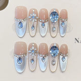 Popxstar  10pcs Blue Diamond Handmade Fake Nails Tips Ocean French Long Oval False Nail Art Fashion Cat's Eye Press on Nails Sets Finished
