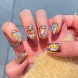 Popxstar  10pcs Spicy Girl Handmade False Nails Art Aurora Colorful Short Square Press on Nails Tips Diamond Fake Nail Set Ballet Manicure